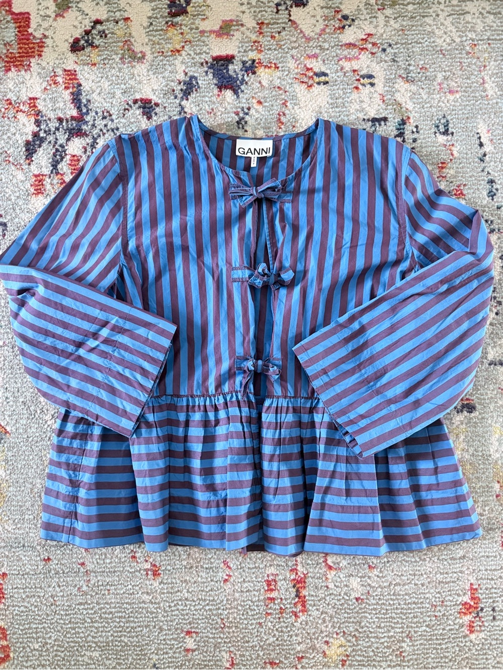 Ganni Blue and Purple Striped Tie-Front Peplum Top